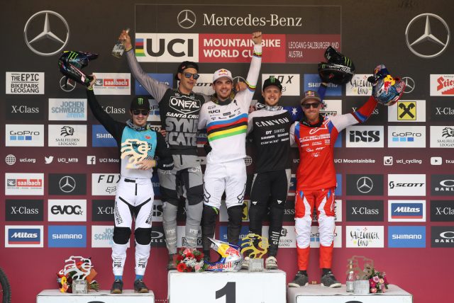 Il podio maschile di Leogang: 4° Danny Hart, 2° Greg Minnaar, 1° Loic Bruni, 3° Troy Brosnan, 5° Aaron Gwin