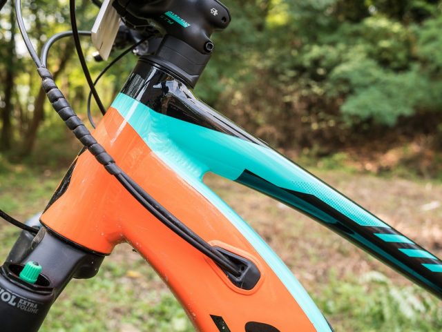 Focus sul nodo sterzo con imponente tubo obliquo che ospita la batteria integrata