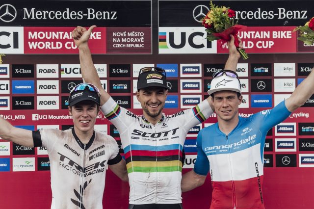 Il podio Elite Men: 1° Schurter, 2° Cooper, 3° Marotte