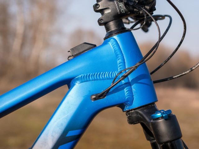Profilo del nodo sterzo, in evidenza il passaggio interno dei cavi e la prese USB sul top tube